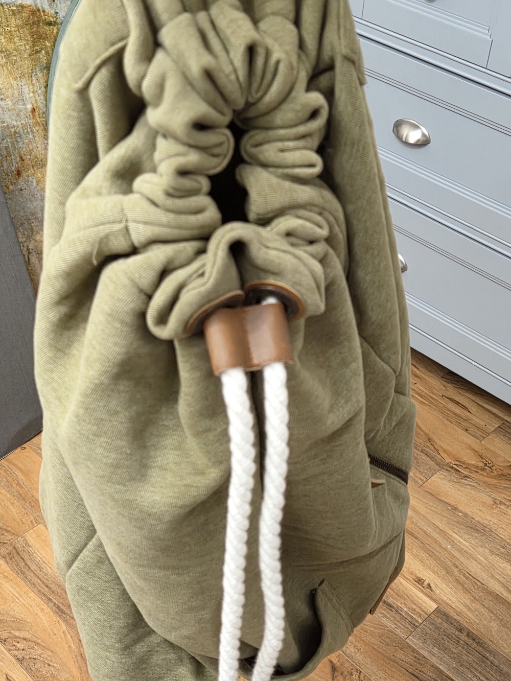 Olive Drawstring Backpack with White Rope - Picture 2 of 4